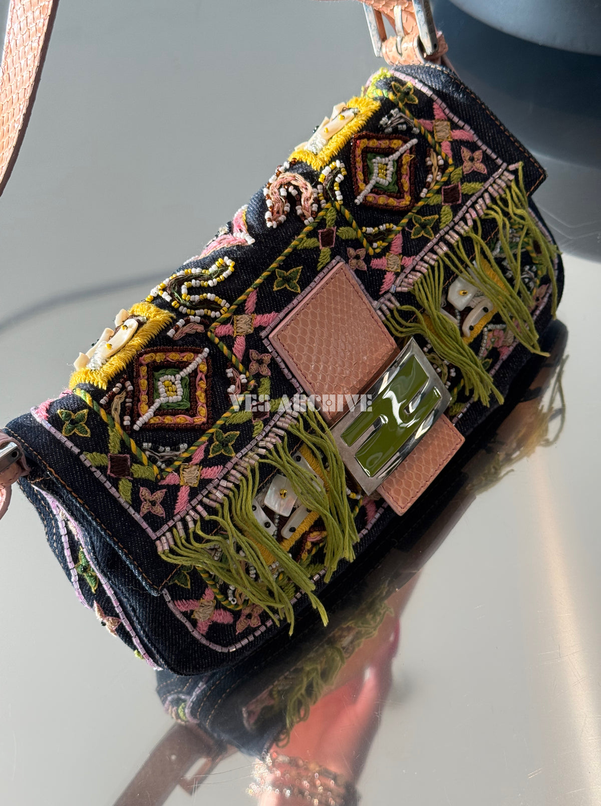 Fendi Denim Baguette Bag with Snakeskin Trim and Fringe Details