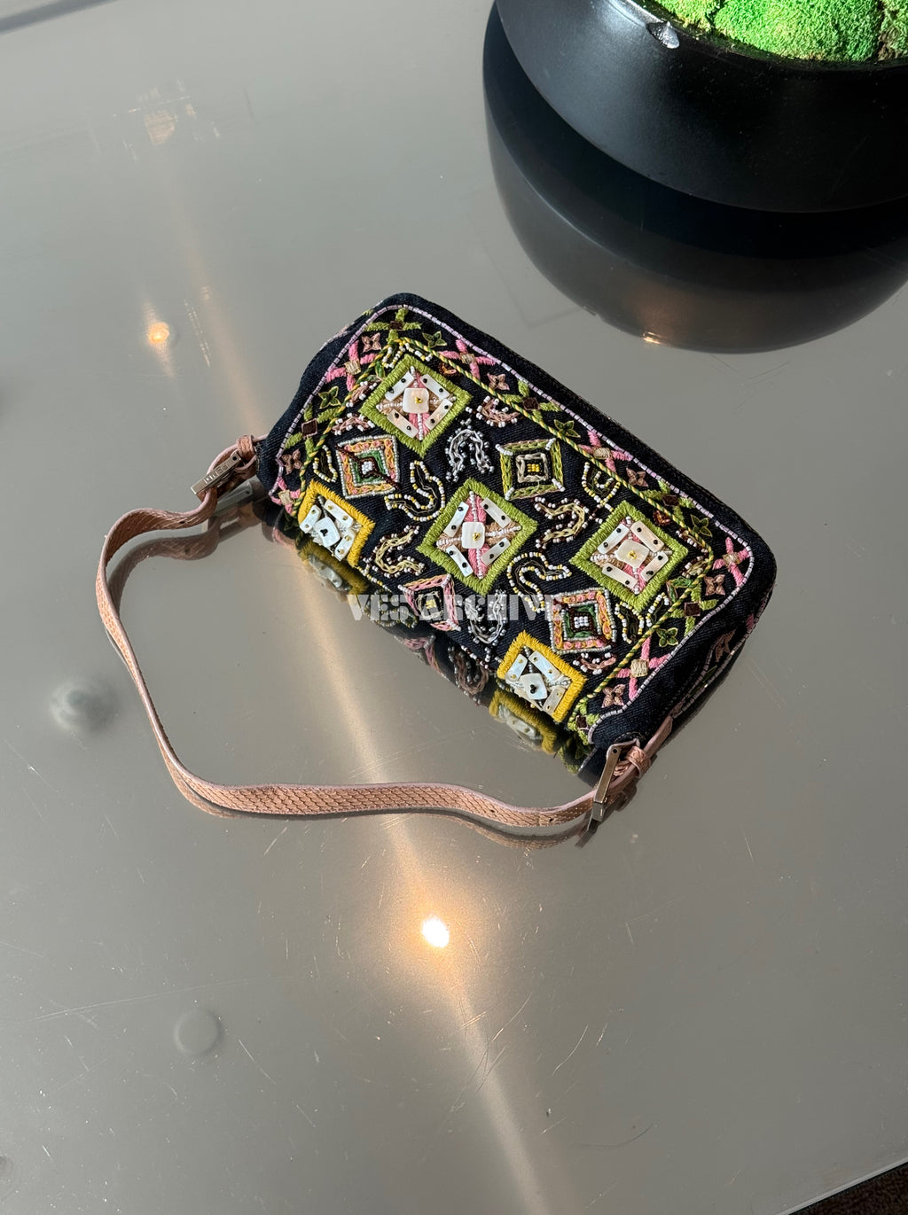 Fendi Denim Baguette Bag with Snakeskin Trim and Fringe Details