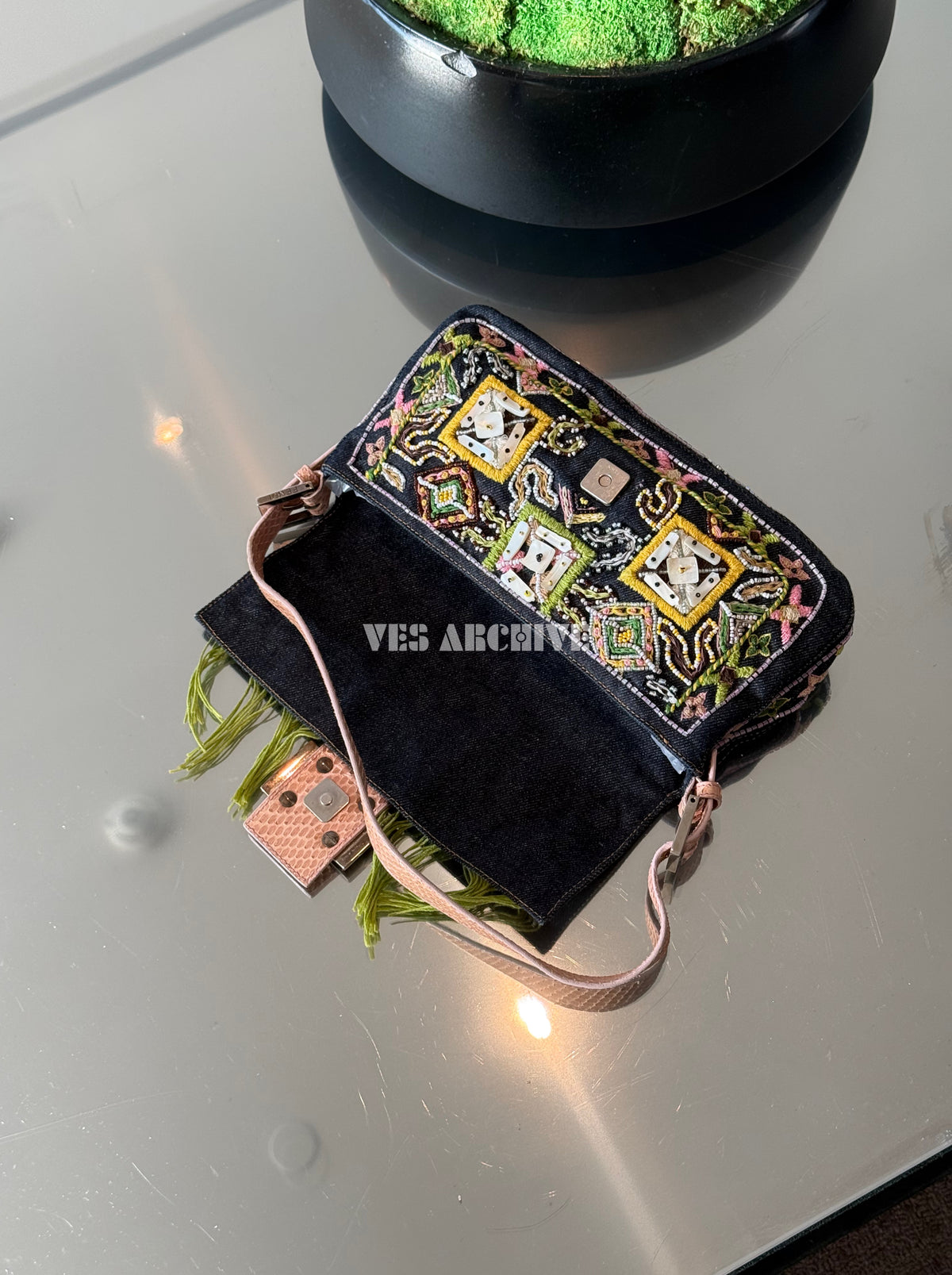 Fendi Denim Baguette Bag with Snakeskin Trim and Fringe Details