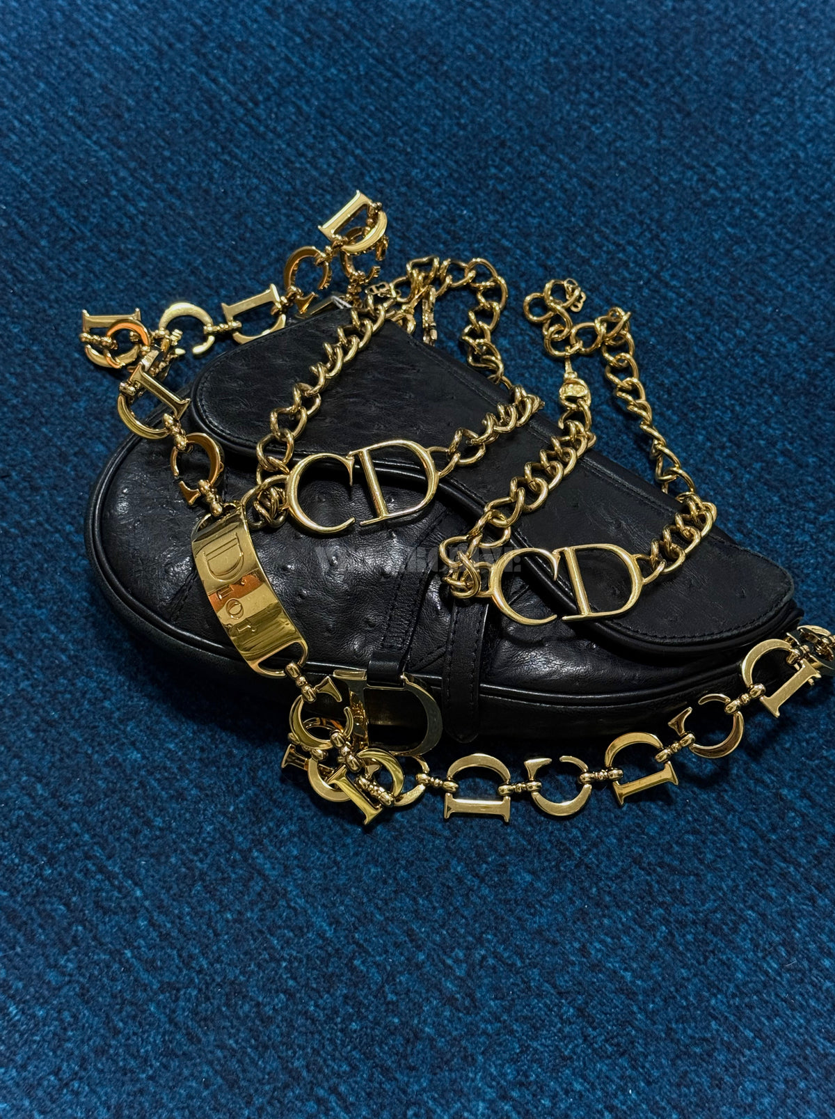 Christian Dior Double Saddle Bag in Black Ostrich Leather