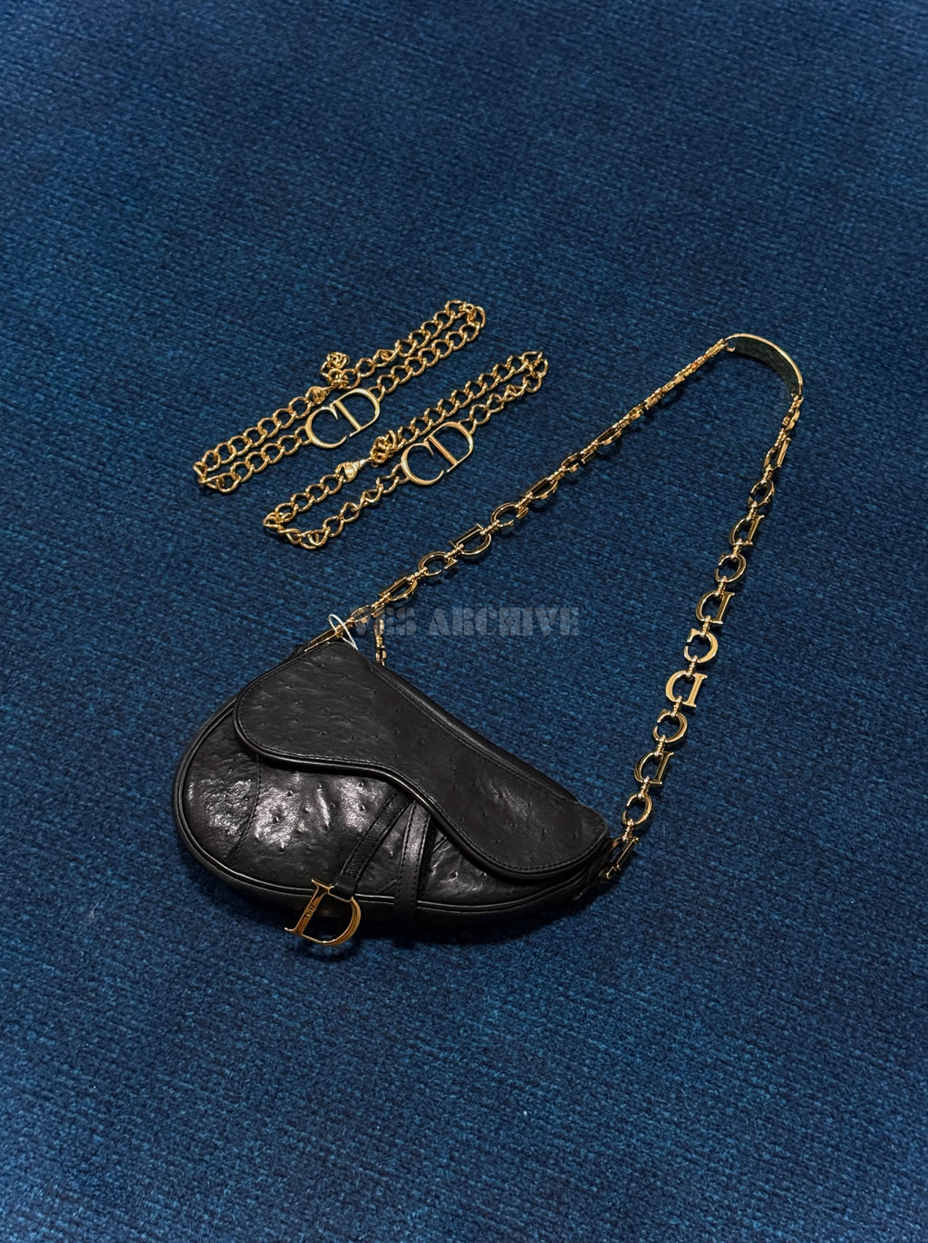 Christian Dior Double Saddle Bag in Black Ostrich Leather