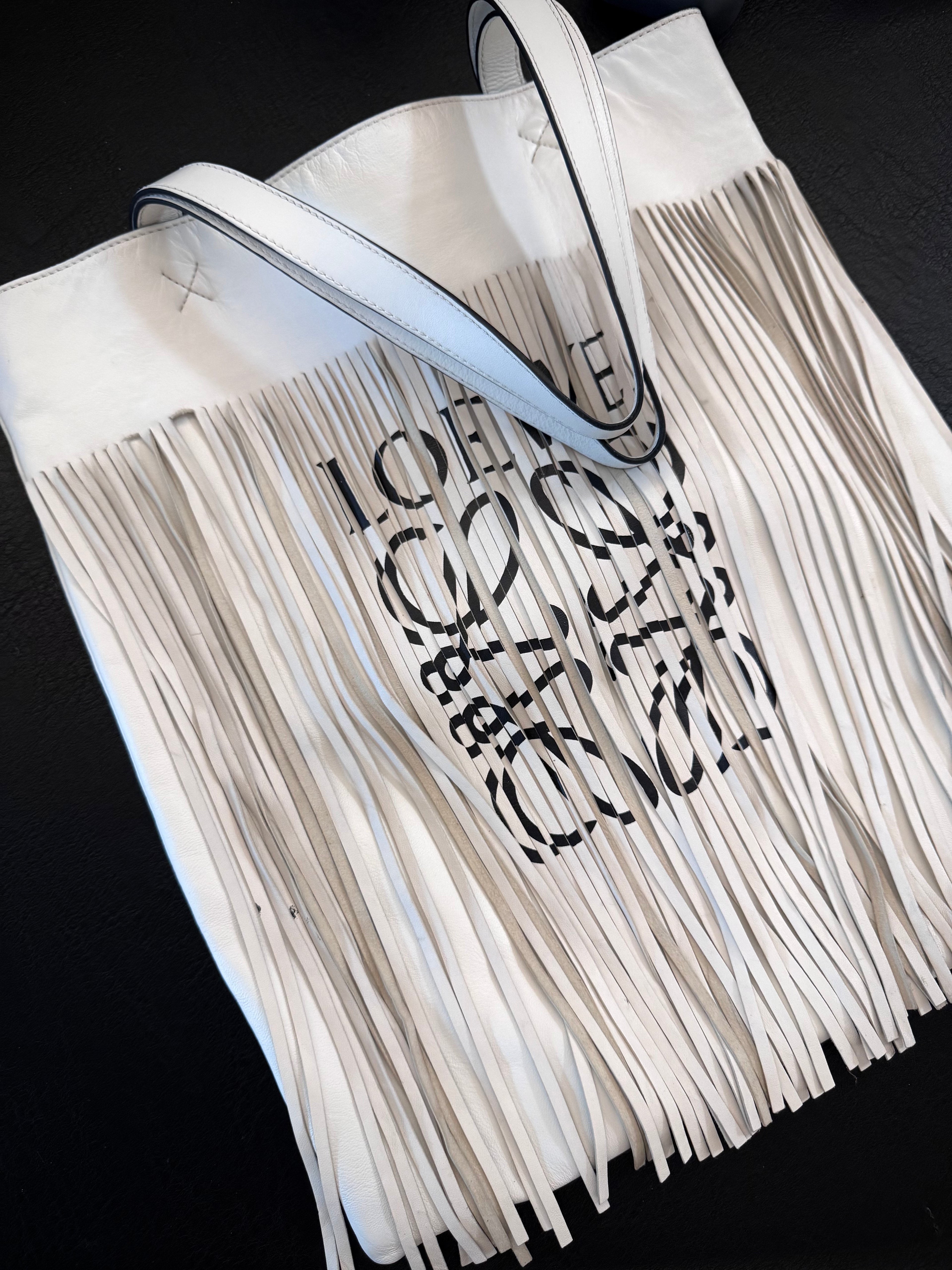 Loewe White Fringe Tote Bag with Inner Pouch