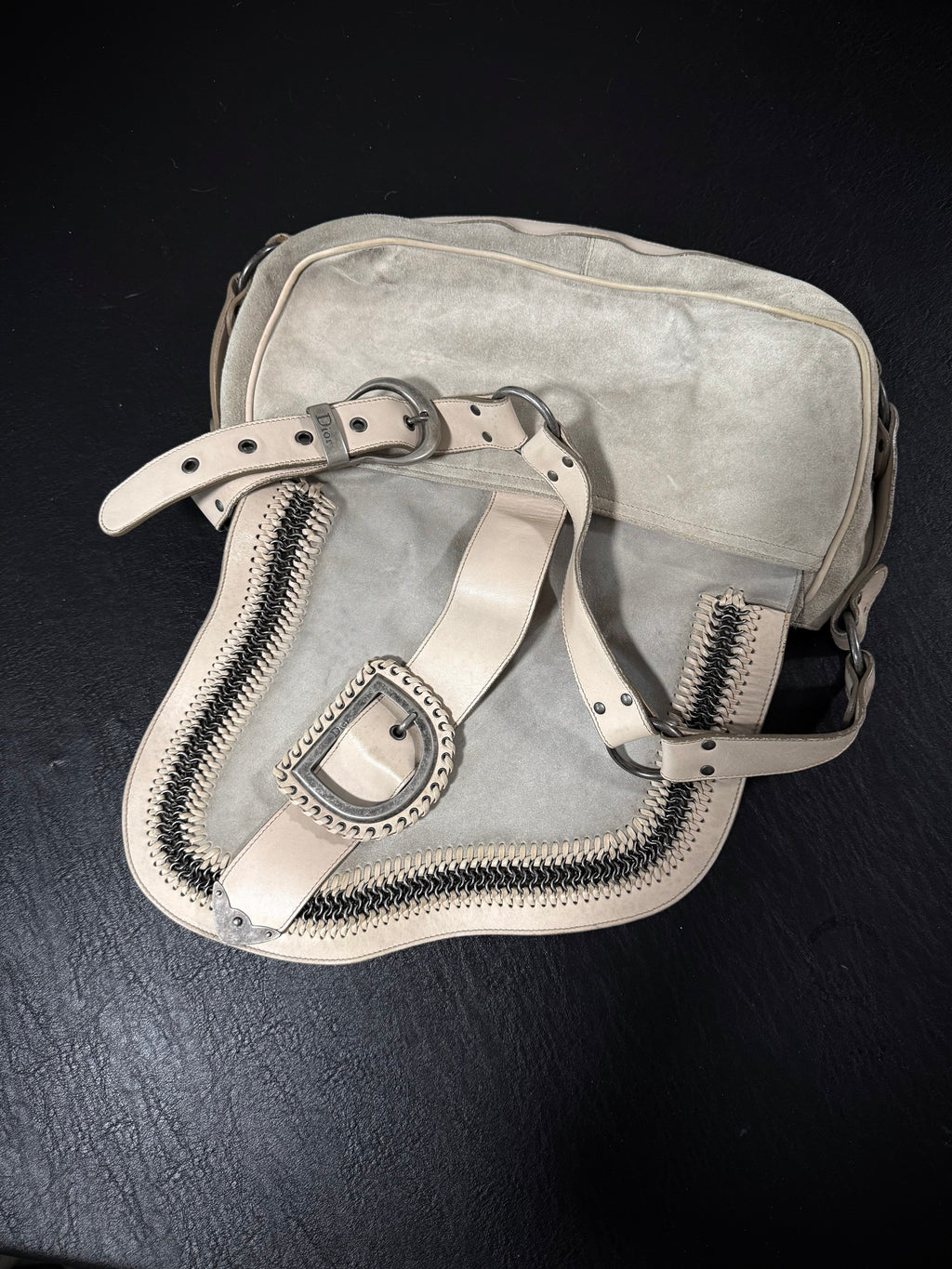 Dior Special Edition Off-White Suede Herringbone Gaucho Saddle Bag