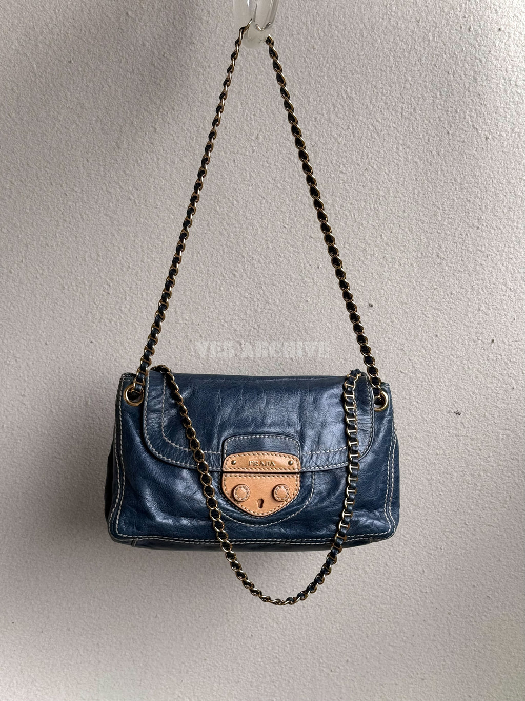 Prada Denim Blue Waxed Leather Chain Airport Hobo Bag