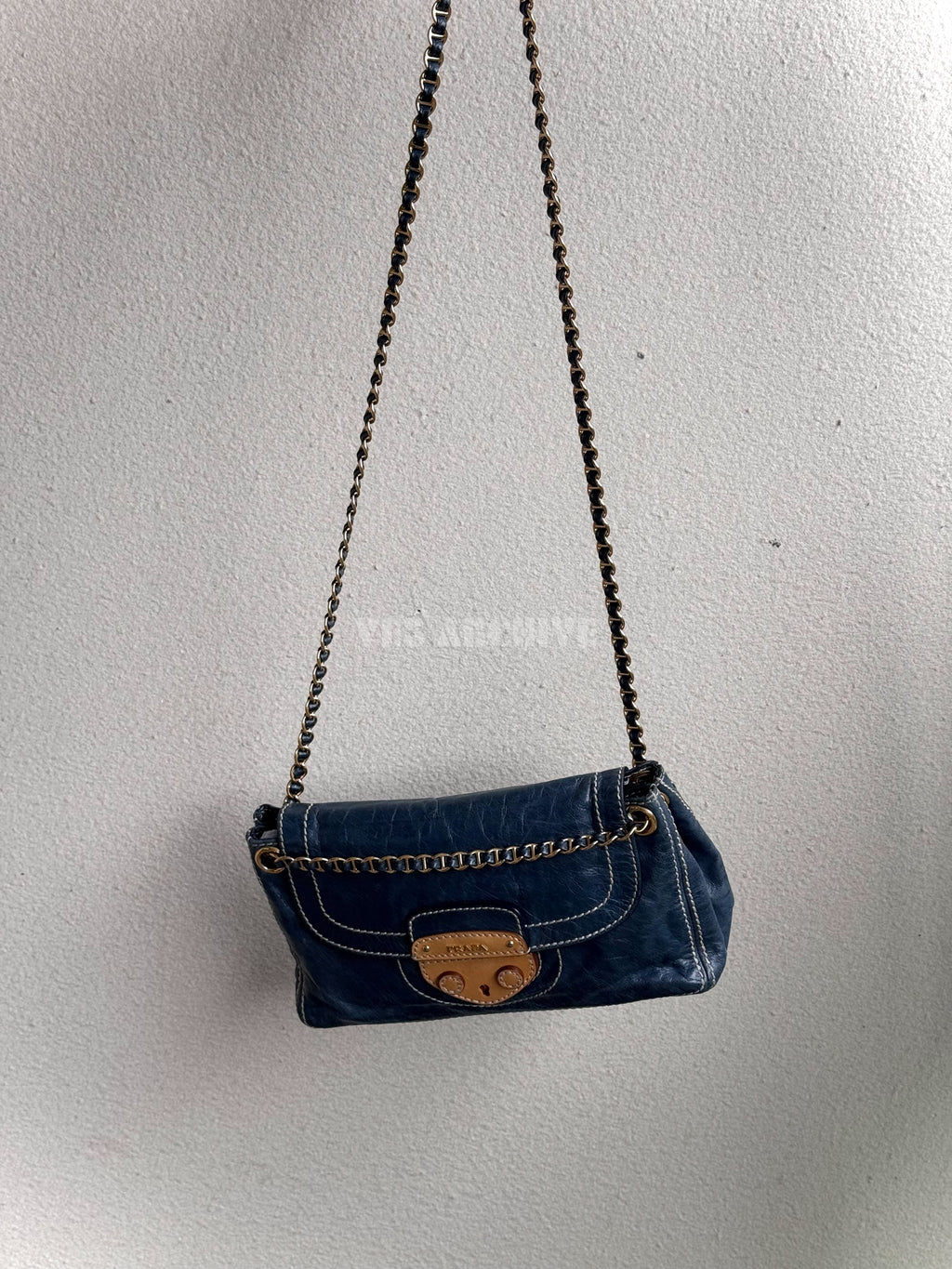 Prada Denim Blue Waxed Leather Chain Airport Hobo Bag