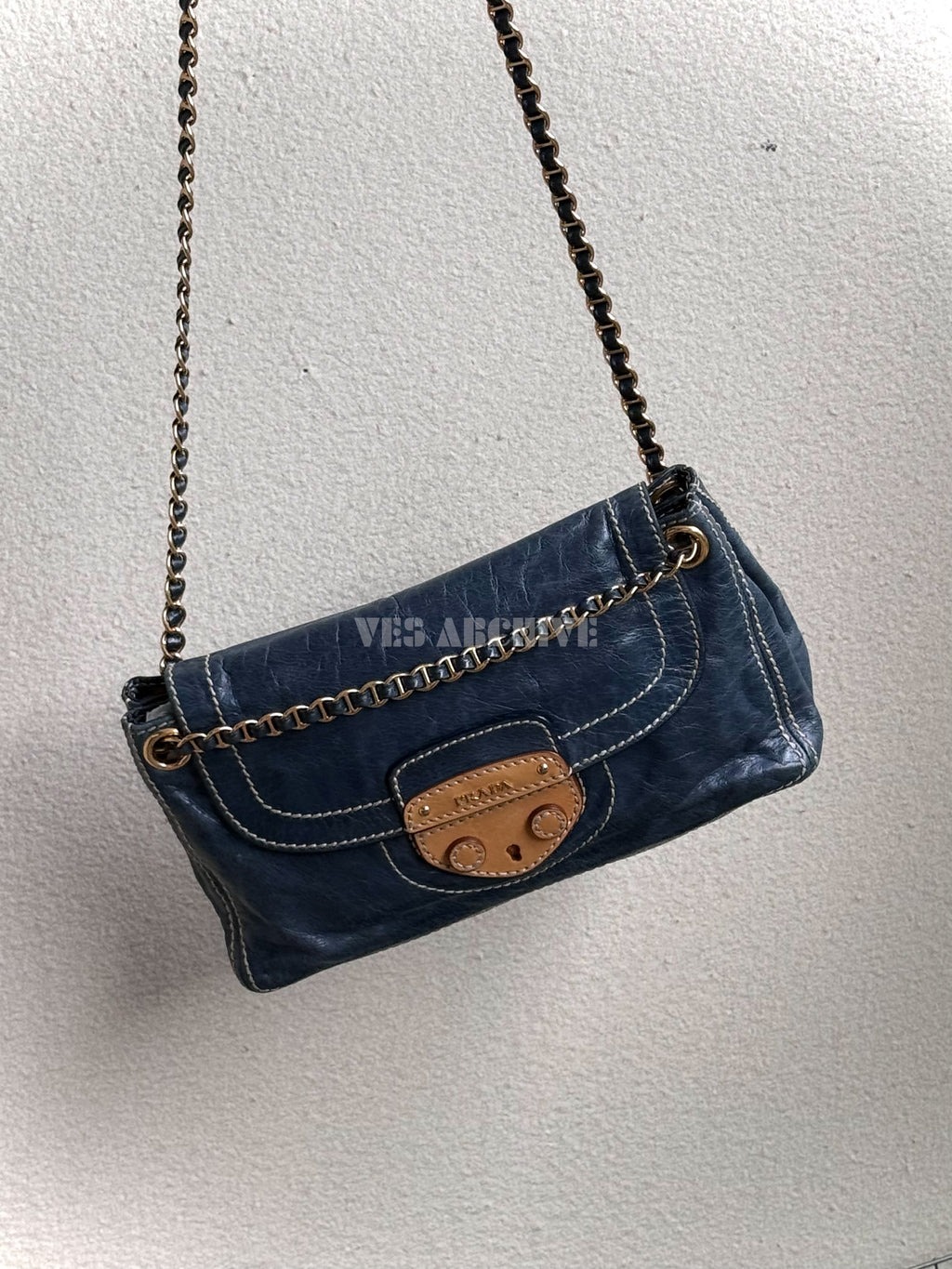 Prada Denim Blue Waxed Leather Chain Airport Hobo Bag