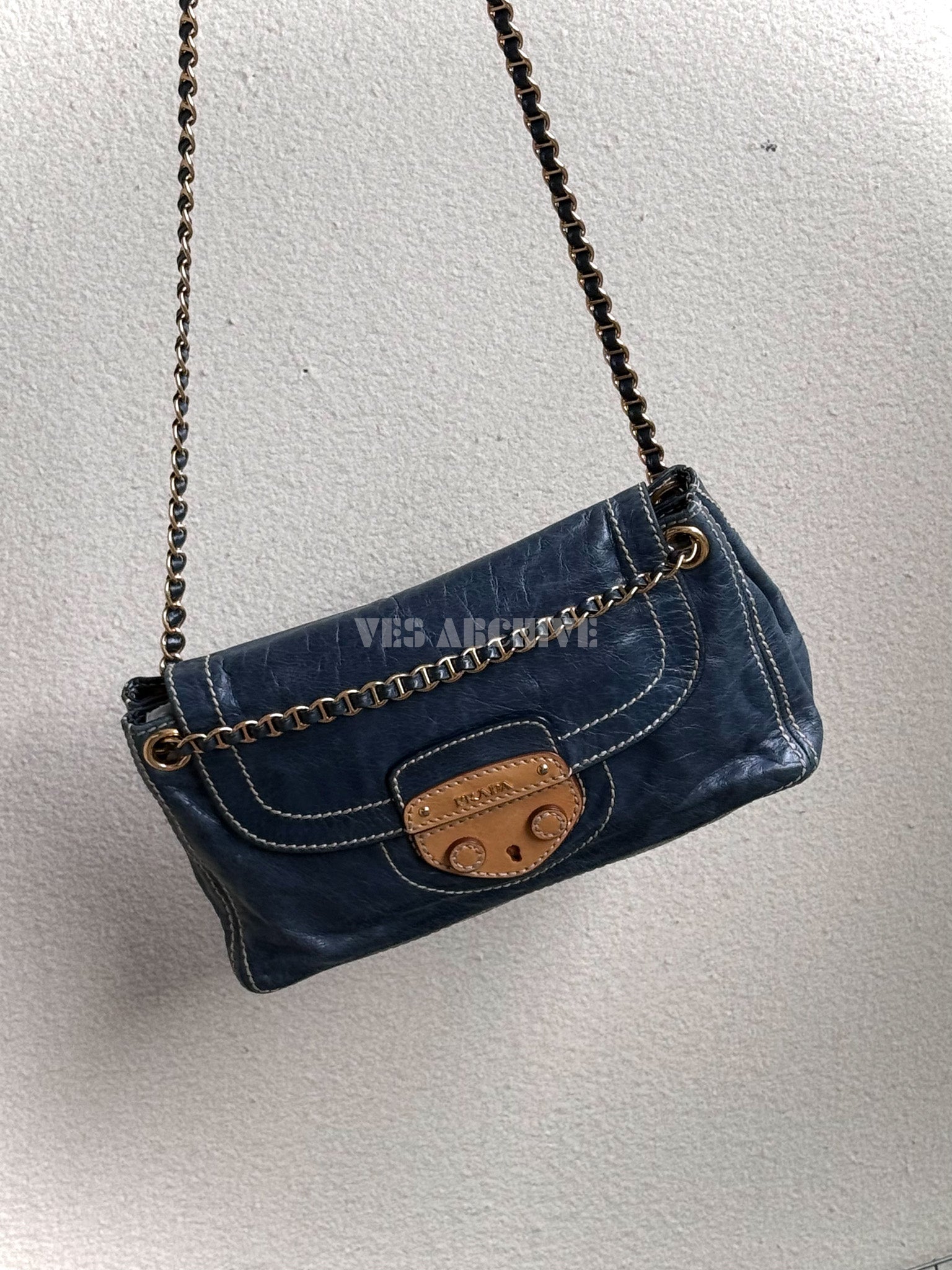 Prada Denim Blue Waxed Leather Chain Airport Hobo Bag