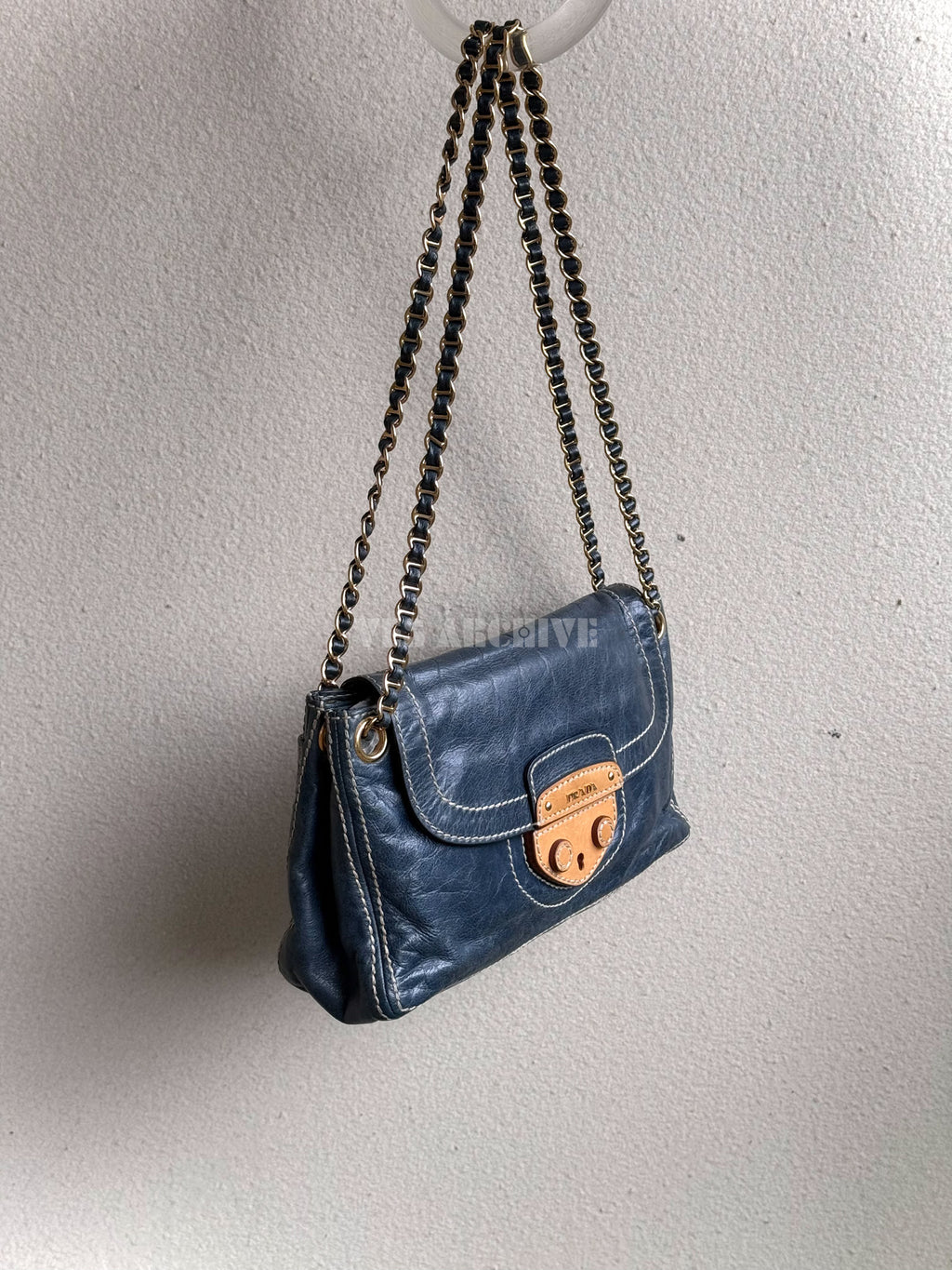 Prada Denim Blue Waxed Leather Chain Airport Hobo Bag