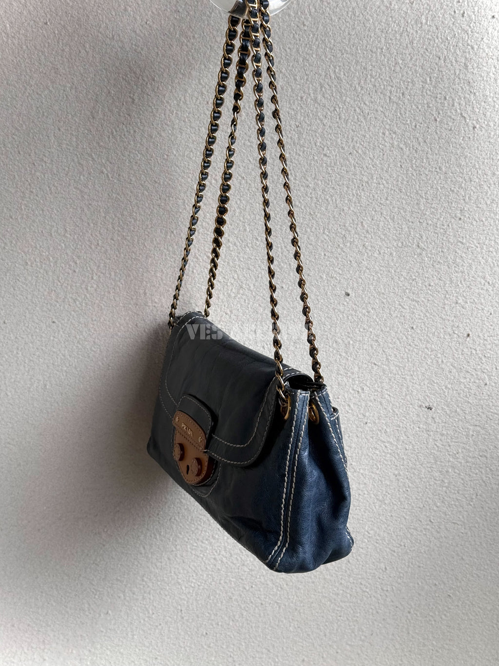 Prada Denim Blue Waxed Leather Chain Airport Hobo Bag