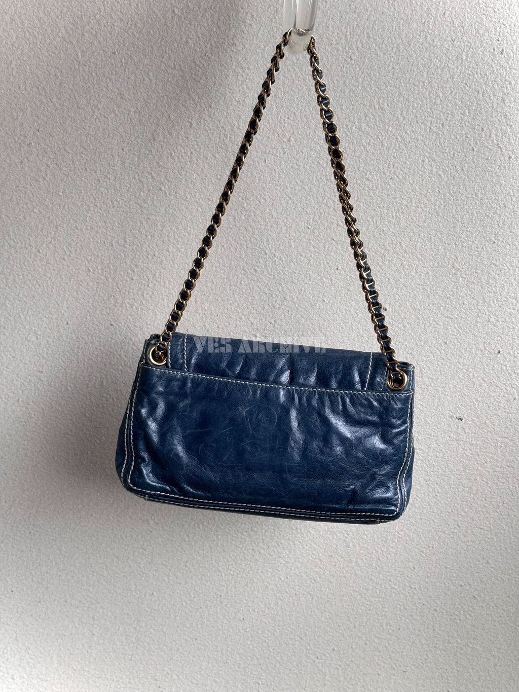 Prada Denim Blue Waxed Leather Chain Airport Hobo Bag