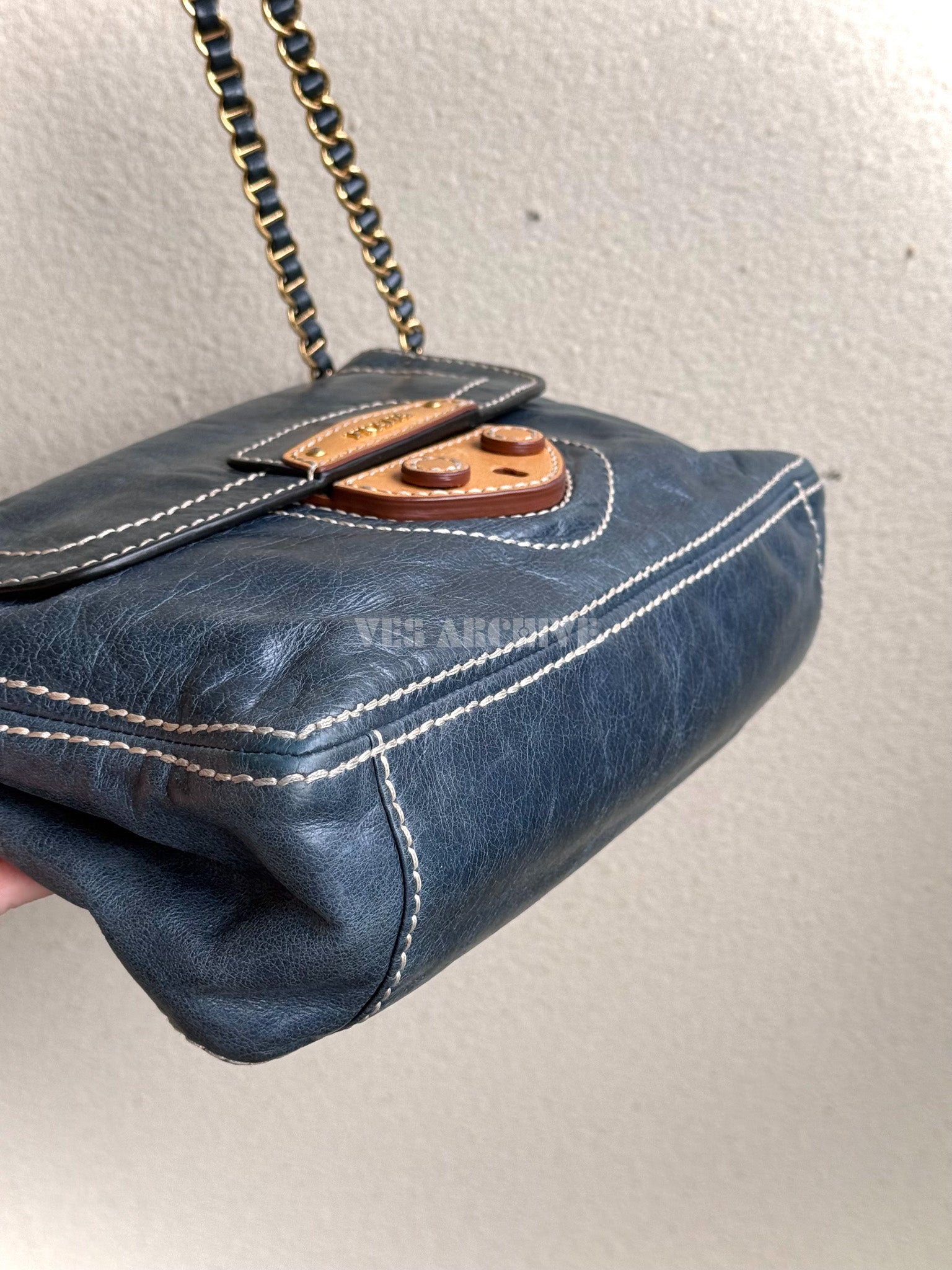 Prada Denim Blue Waxed Leather Chain Airport Hobo Bag