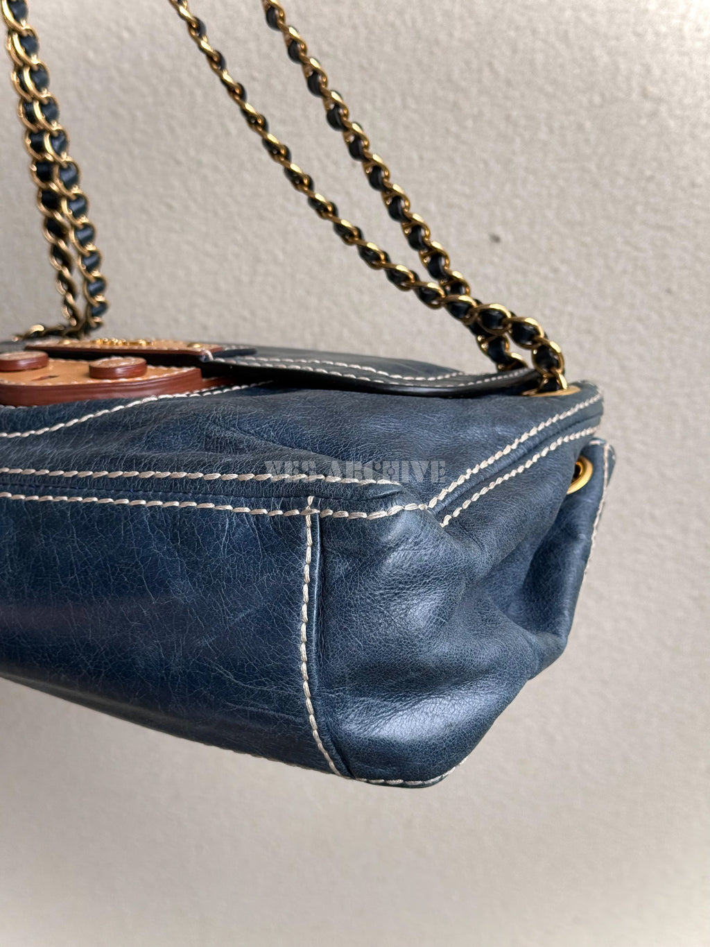 Prada Denim Blue Waxed Leather Chain Airport Hobo Bag
