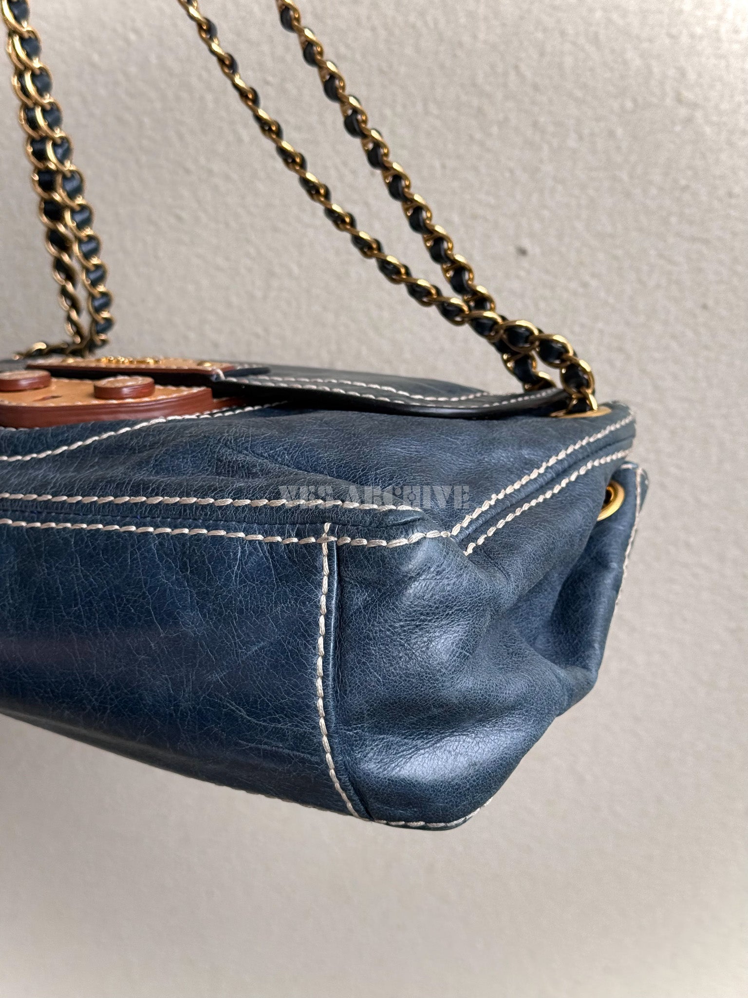 Prada Denim Blue Waxed Leather Chain Airport Hobo Bag