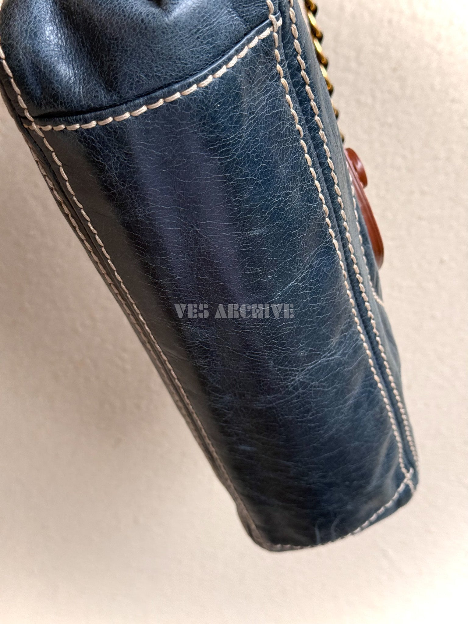 Prada Denim Blue Waxed Leather Chain Airport Hobo Bag