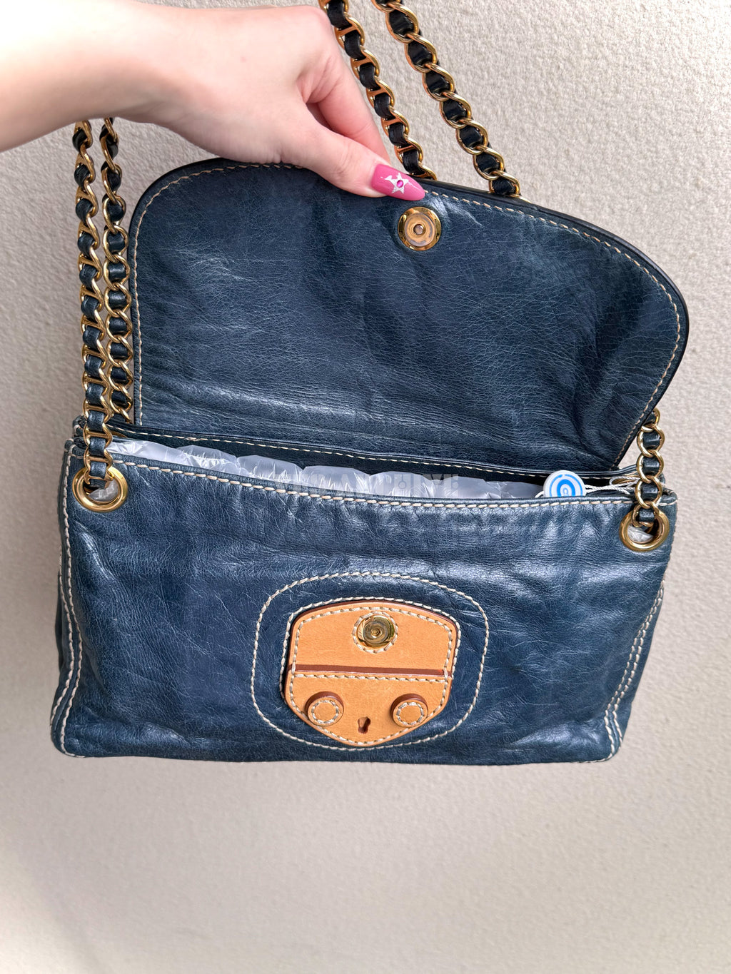 Prada Denim Blue Waxed Leather Chain Airport Hobo Bag