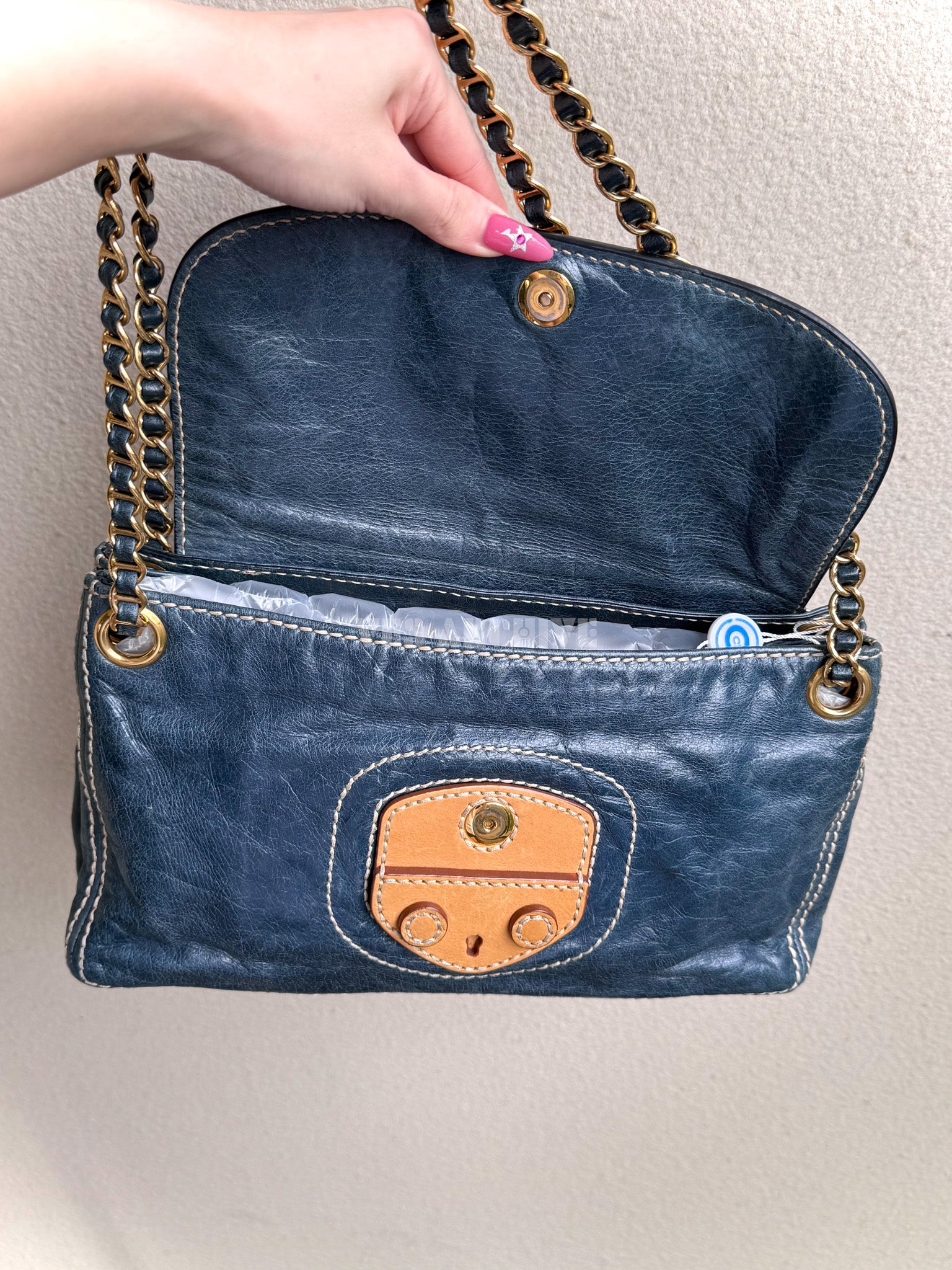 Prada Denim Blue Waxed Leather Chain Airport Hobo Bag