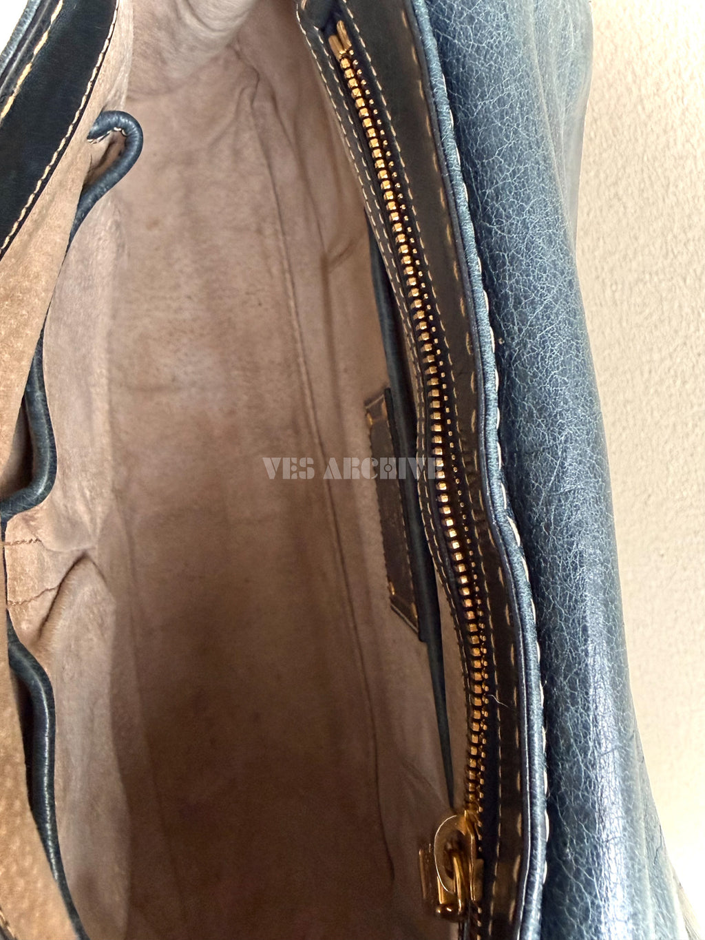 Prada Denim Blue Waxed Leather Chain Airport Hobo Bag