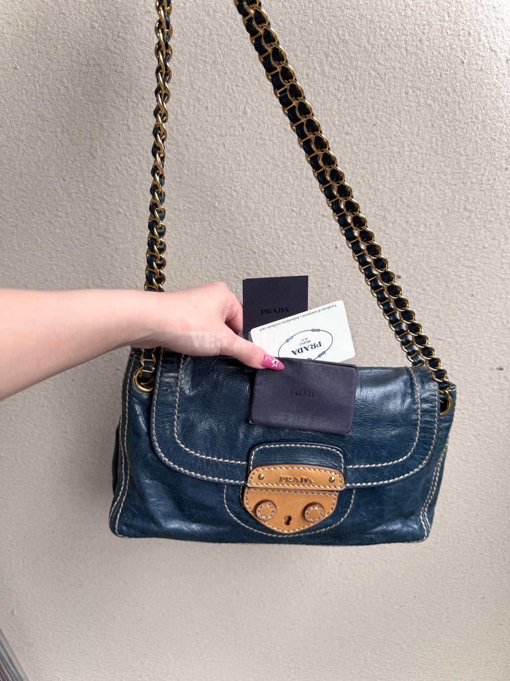 Prada Denim Blue Waxed Leather Chain Airport Hobo Bag