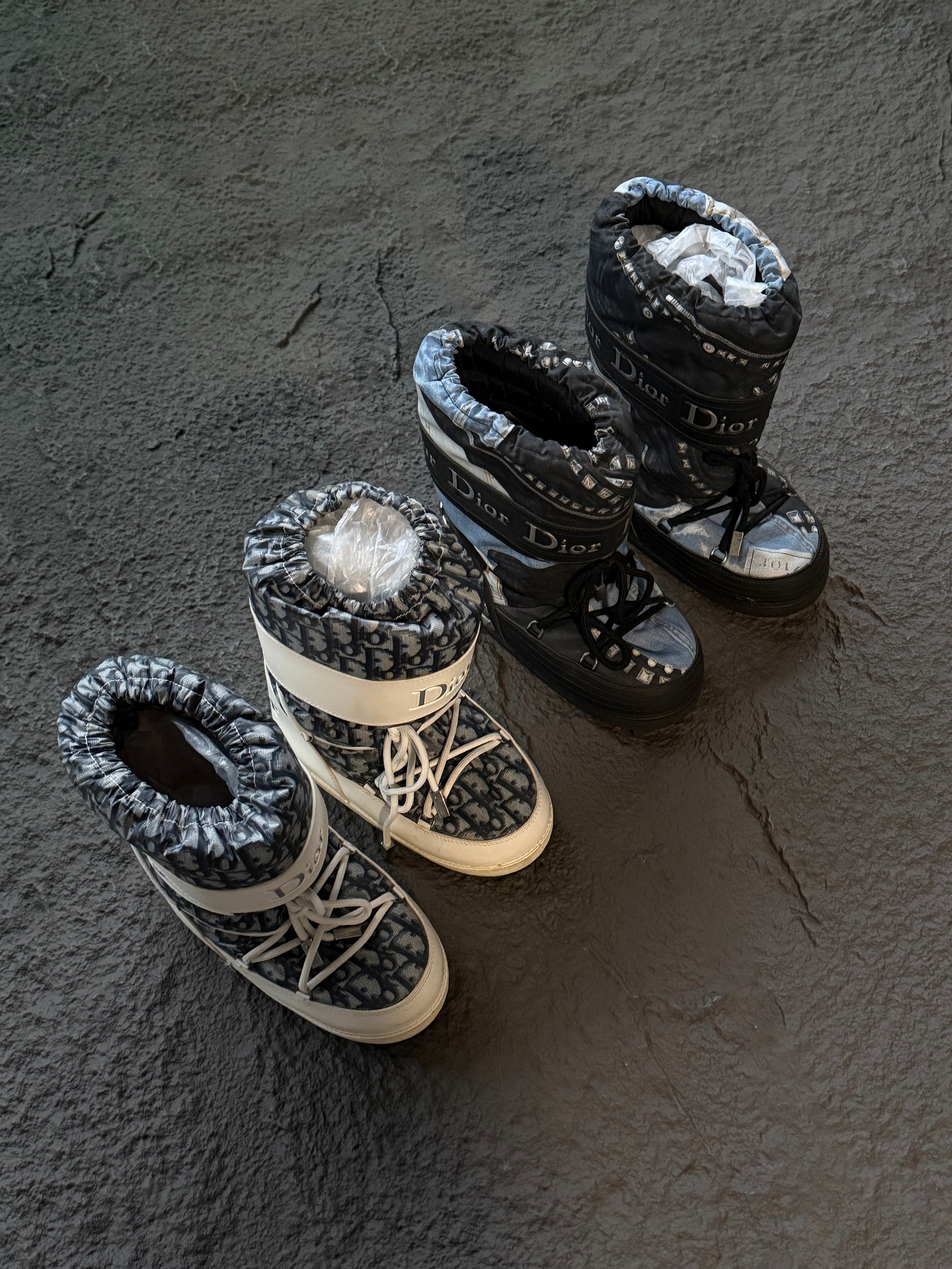 Christian Dior 2006 Galliano Blue/White Denim and Leather Moon Boots