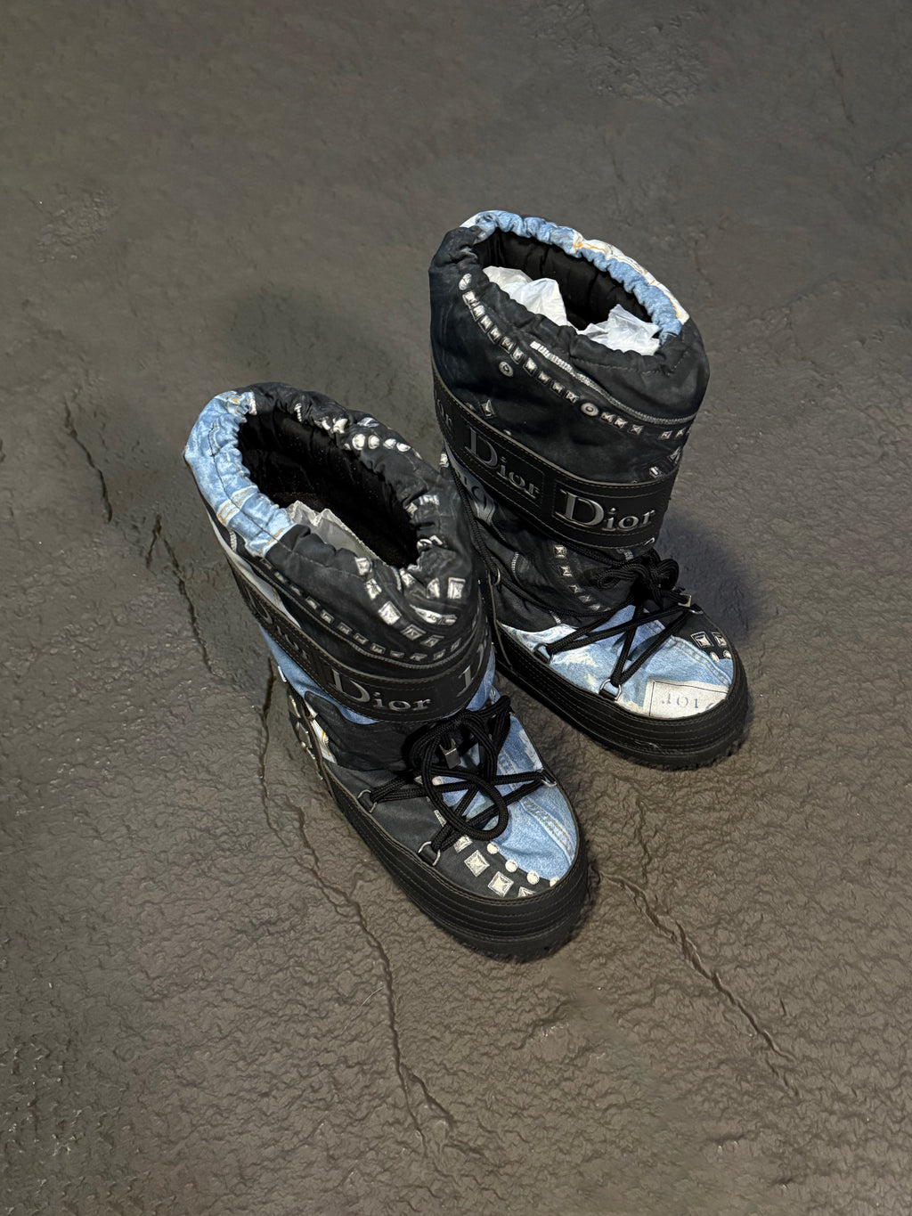 Christian Dior 2006 Galliano Denim Print Moon Boots