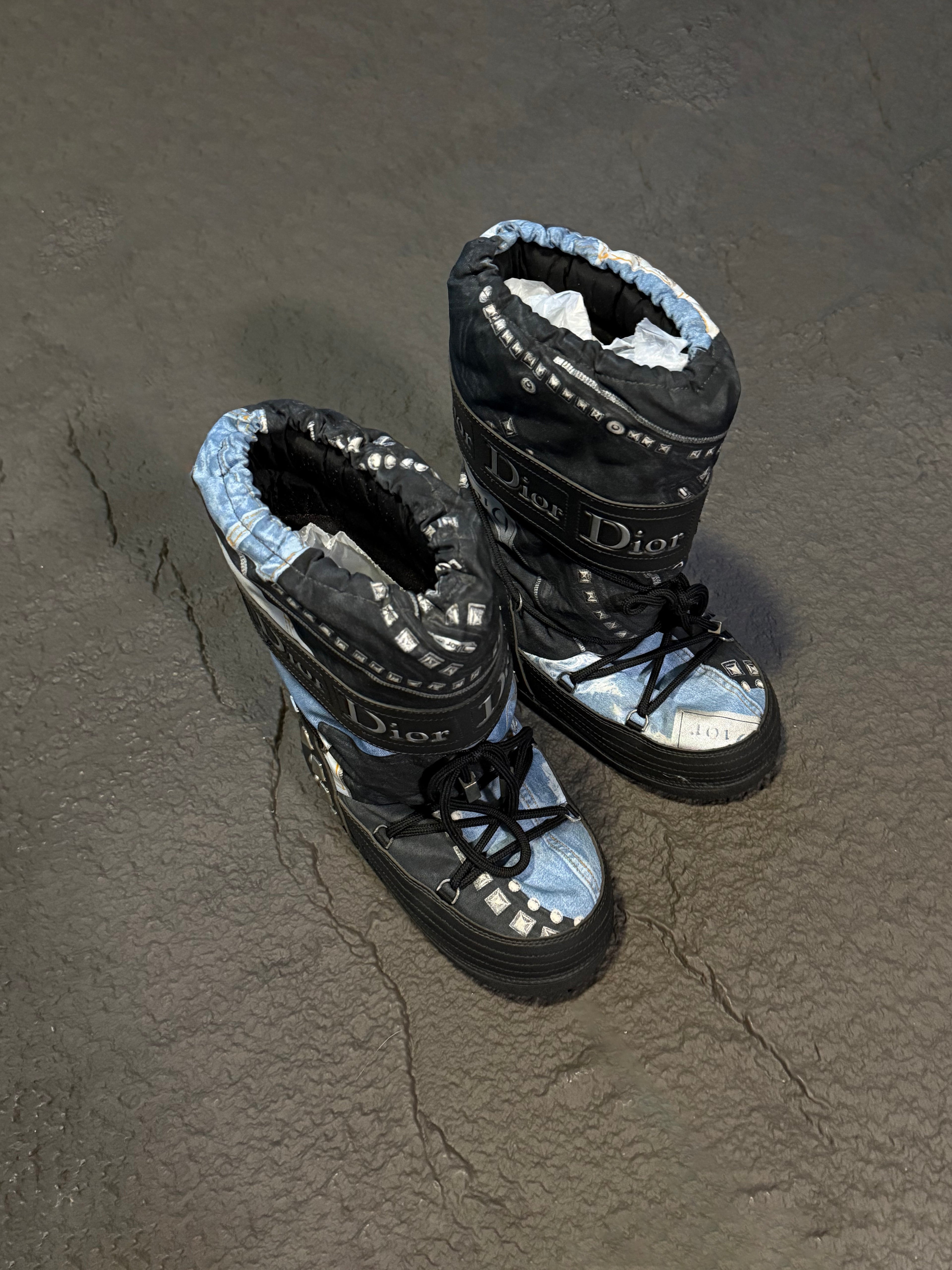 Christian Dior 2006 Galliano Denim Print Moon Boots