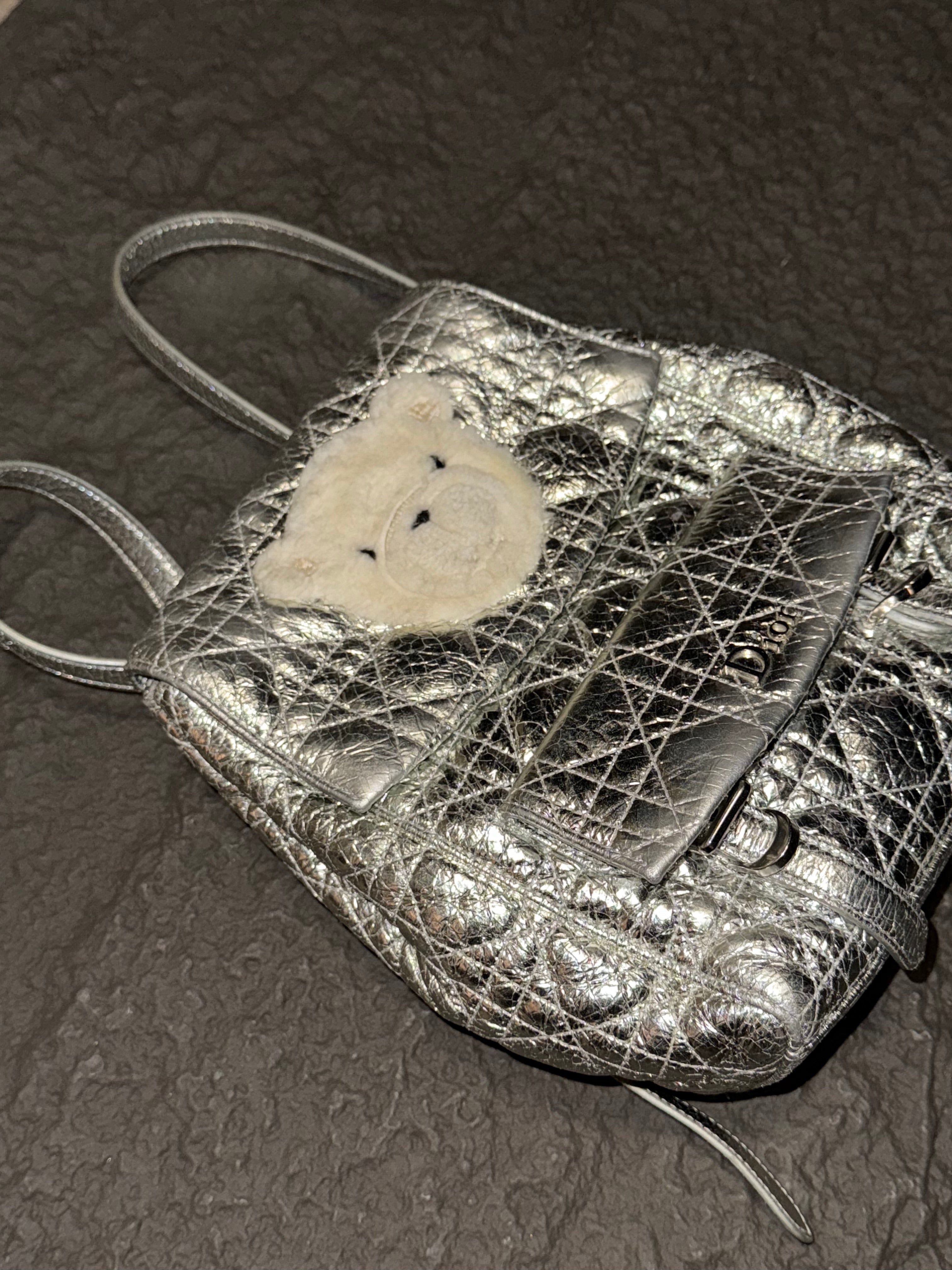 Dior Stardust cracked-finish silver Teddy bear backpack