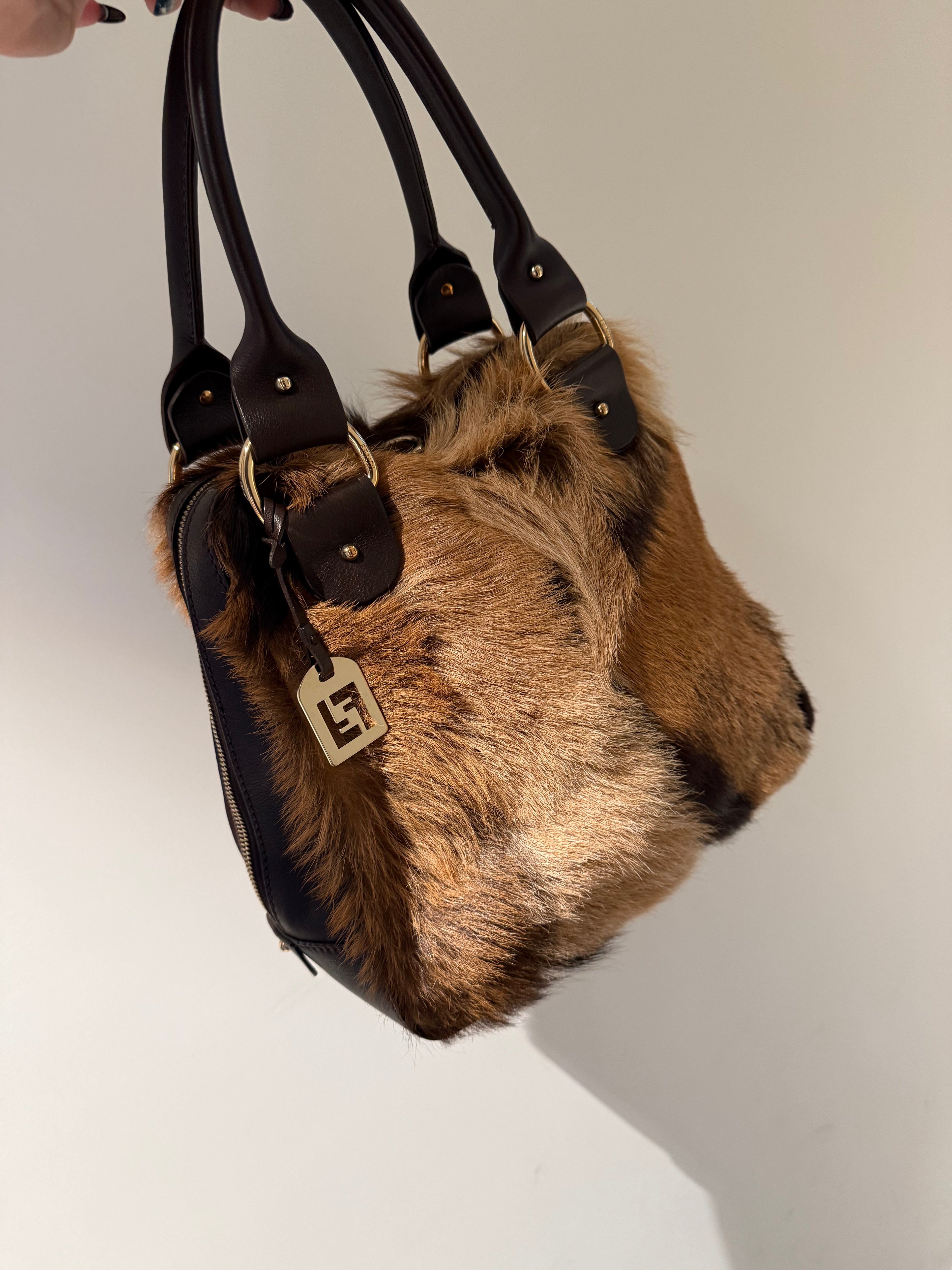Fendi Antelope Hair Vintage Bowling Bag with Logo Plaque