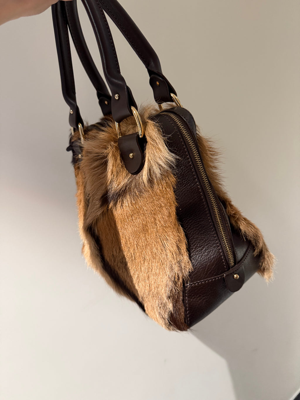Fendi Antelope Hair Vintage Bowling Bag with Logo Plaque