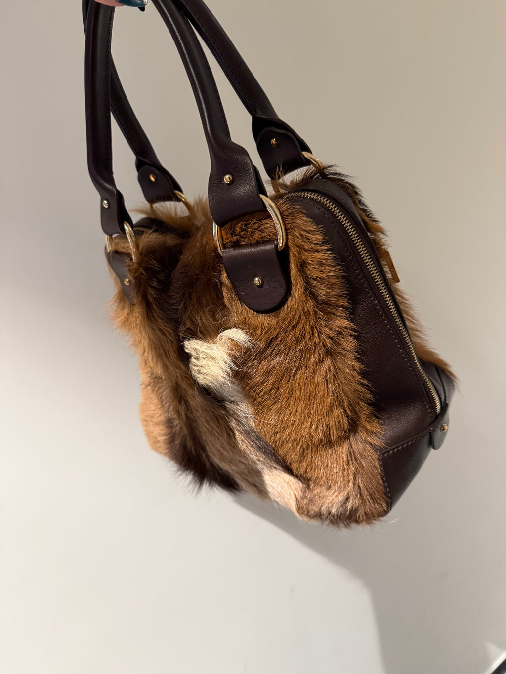 Fendi Antelope Hair Vintage Bowling Bag with Logo Plaque
