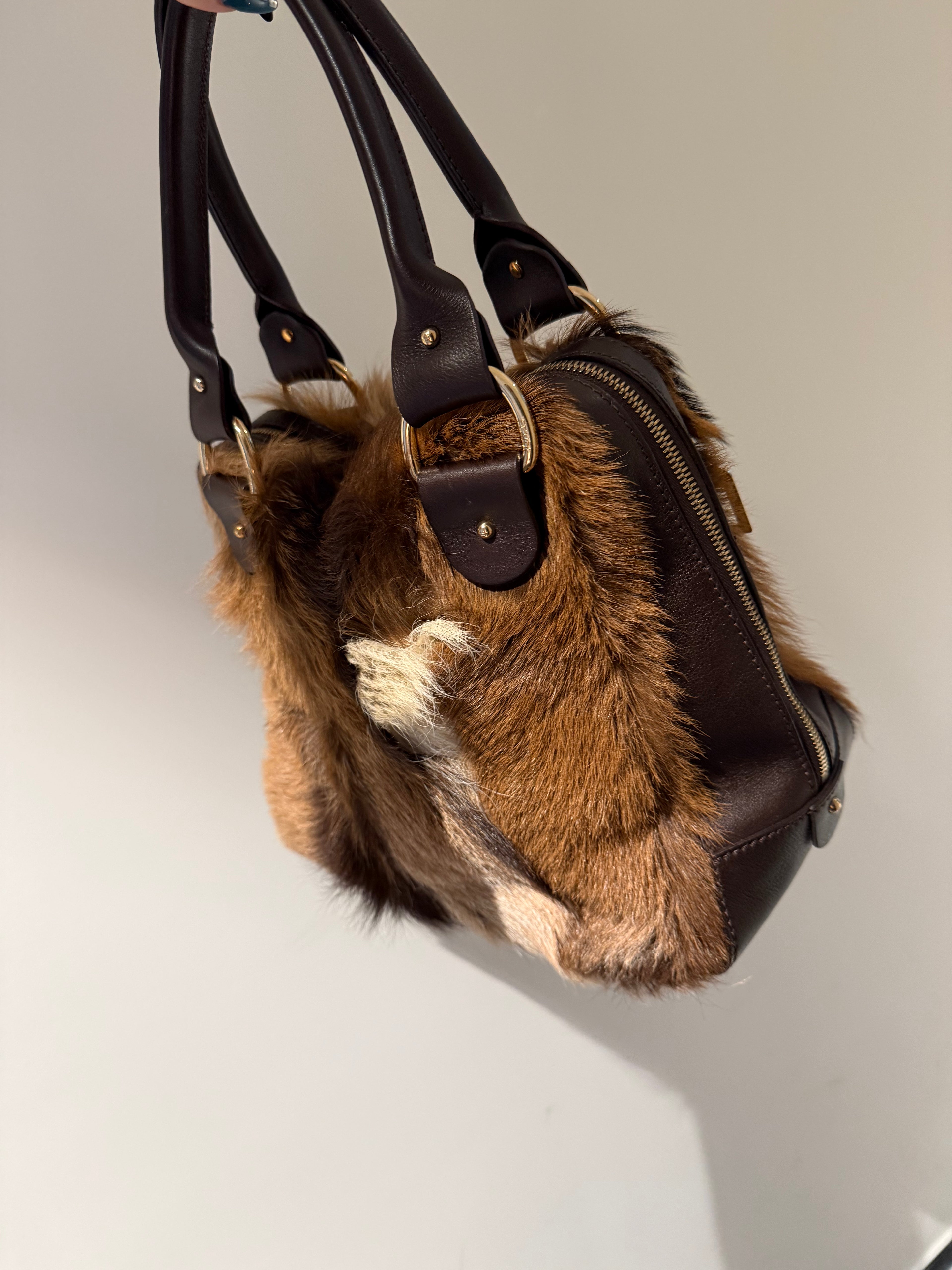 Fendi Antelope Hair Vintage Bowling Bag with Logo Plaque
