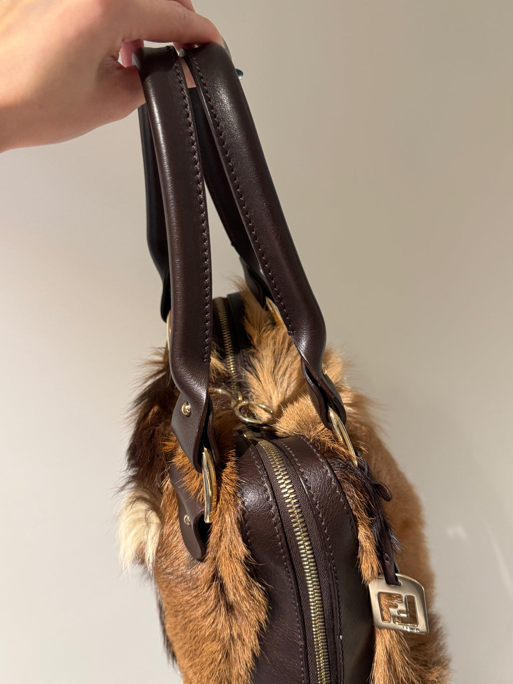 Fendi Antelope Hair Vintage Bowling Bag with Logo Plaque