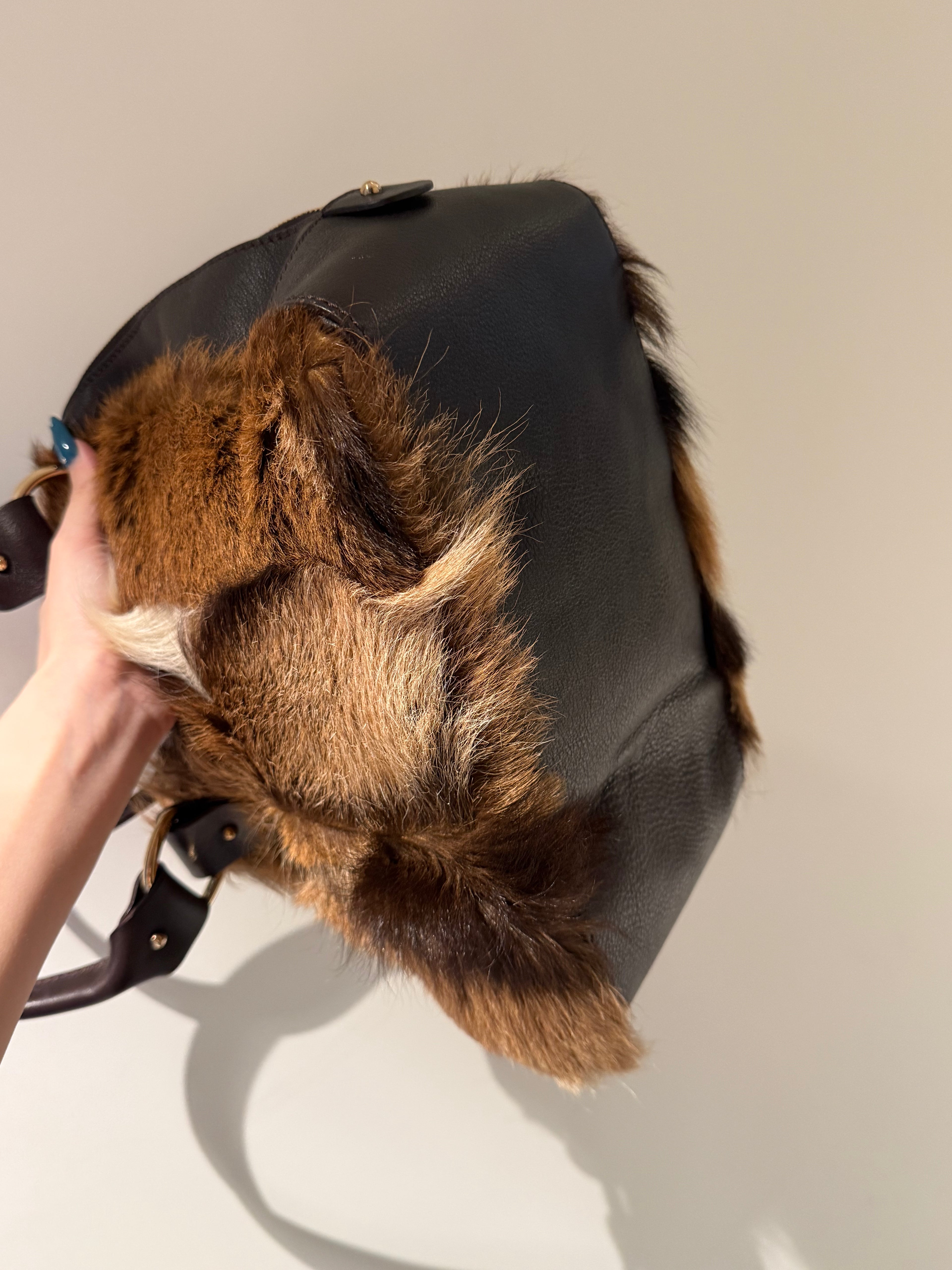 Fendi Antelope Hair Vintage Bowling Bag with Logo Plaque