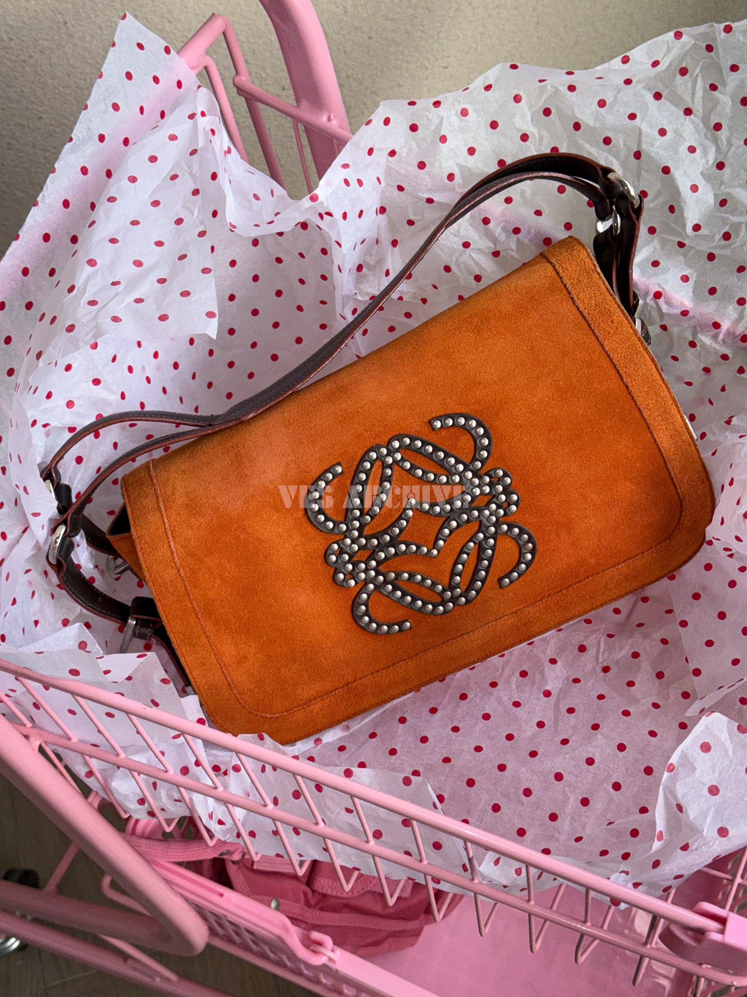 Loewe Orange Studded Logo Flap Shoulder Bag
