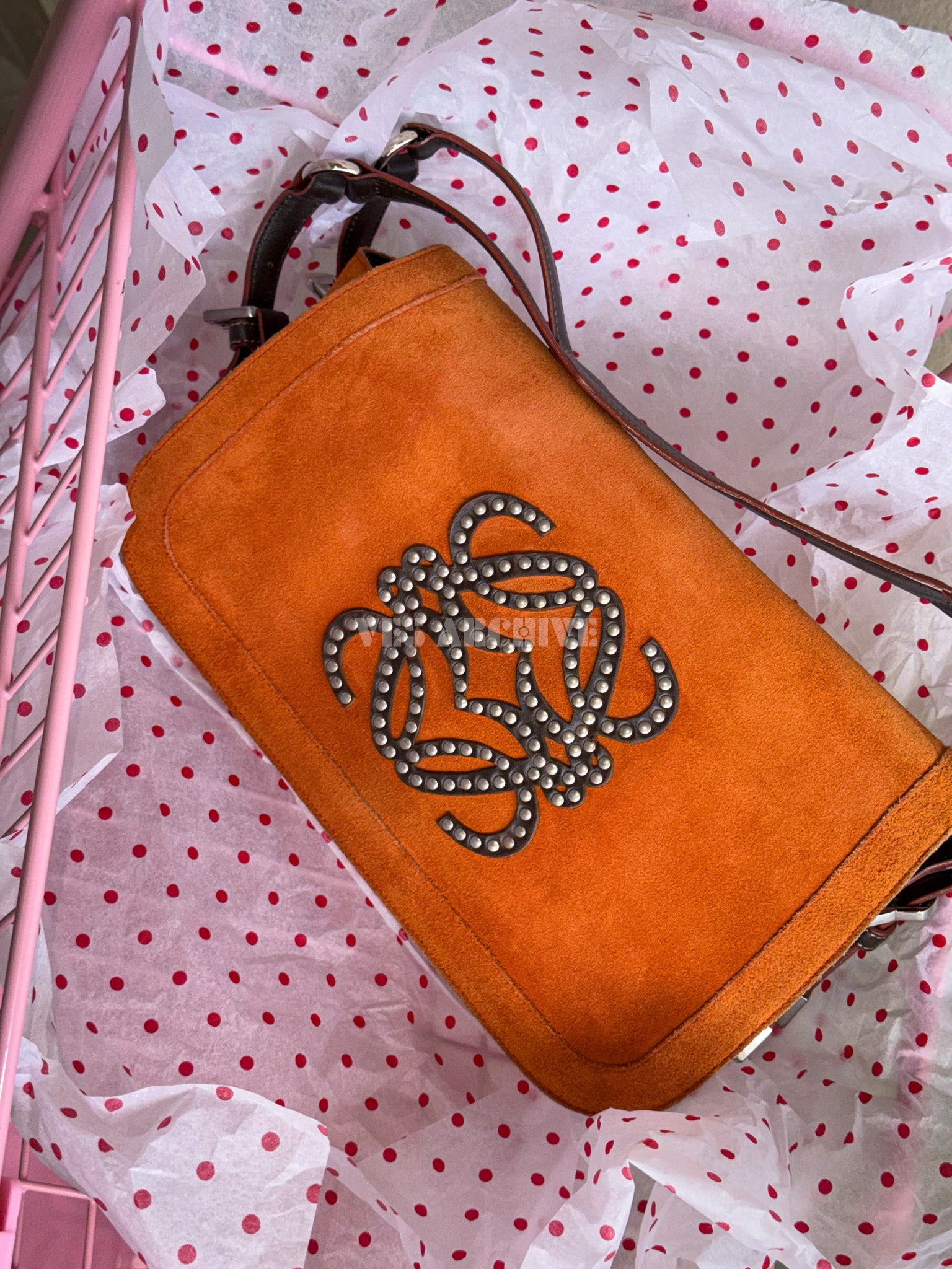 Loewe Orange Studded Logo Flap Shoulder Bag