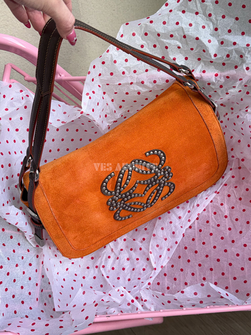 Loewe Orange Studded Logo Flap Shoulder Bag
