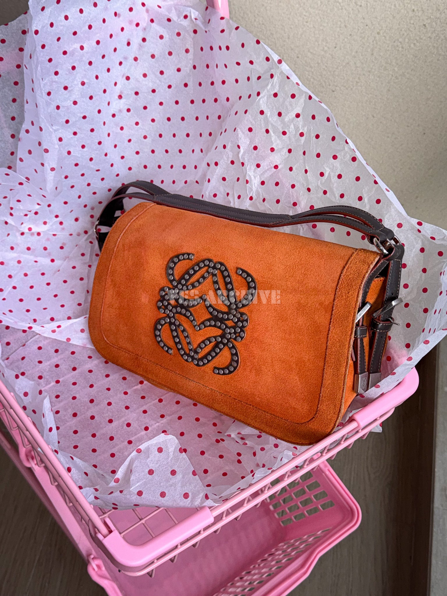 Loewe Orange Studded Logo Flap Shoulder Bag