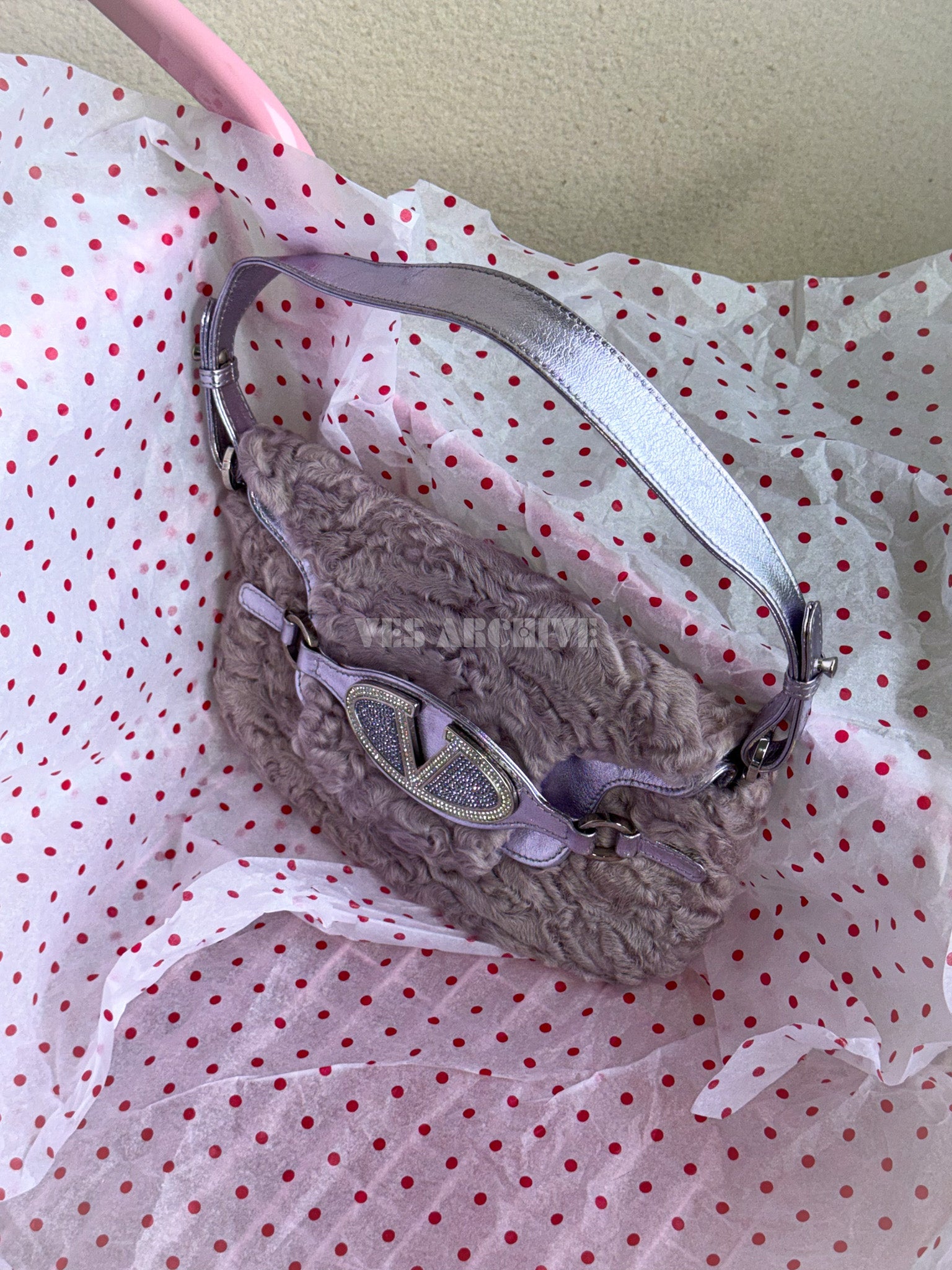 Valentino Violet Crystal Curly-Wool Vintage Shoulder Bag